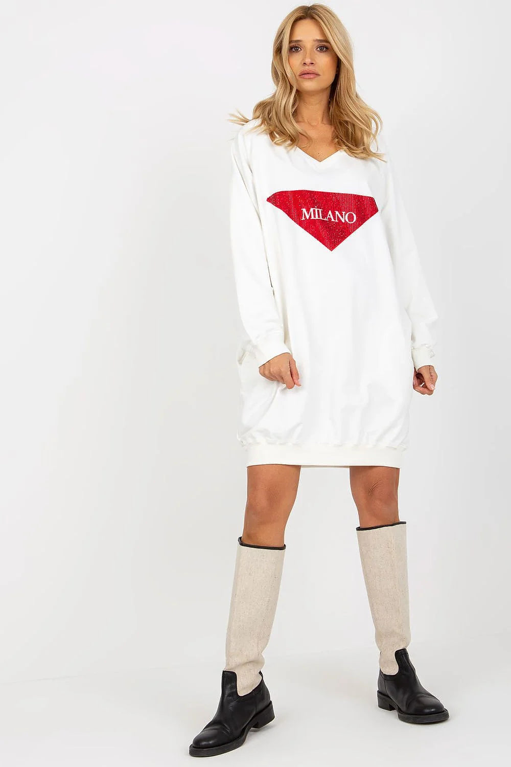 Robe-pullover femme style moderne décontracté motif milano triangle rouge manches longues col V coton doux polyvalent saison intermédiaire