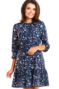 Robe floral léger évasée bleu marine décontractée élégante femme manches longues tissu printanier mode