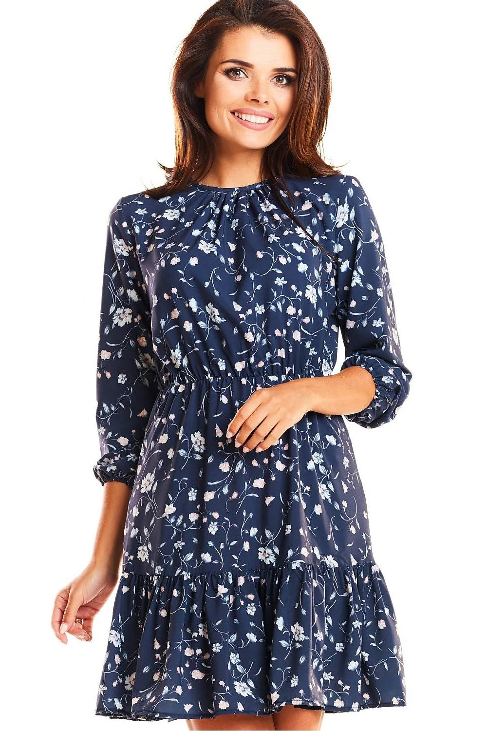 Robe floral léger évasée bleu marine décontractée élégante femme manches longues tissu printanier mode