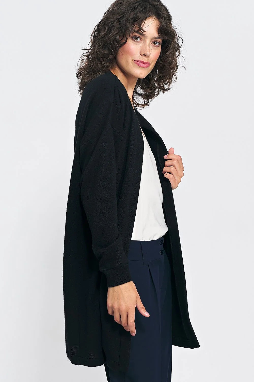 Cardigan noir ouvert en maille douce pour femme, style polyvalent, coupe ample, élasthanne et polyester