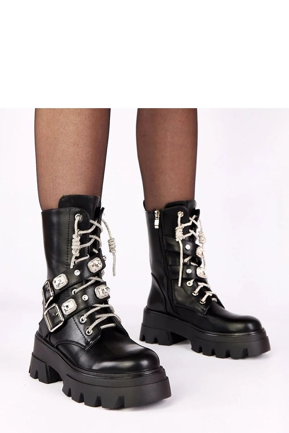 bottines femme noir simili cuir lisse biker militaire mi mollet chunky plateforme crantée talon6cm lacées zippée latérale sangles boucles zircons