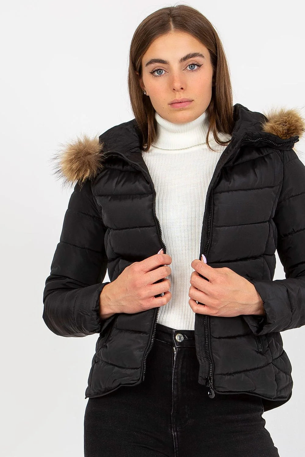 Veste matelassée pour femme taupe clair polyester 100% coupe ajustée capuche fourrure faux fermeture éclair poches latérales hiver