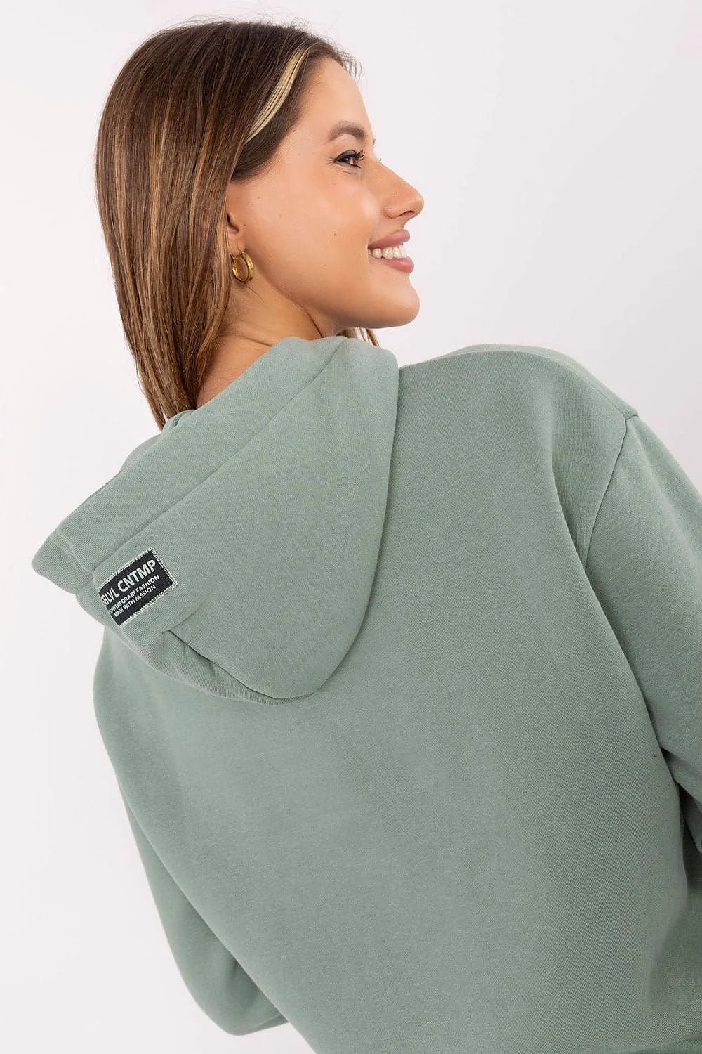sweatshirt femme vert sauge molleton doux coton polyester doublure intérieure capuche poche kangourou manches longues coupe droite mi hanche