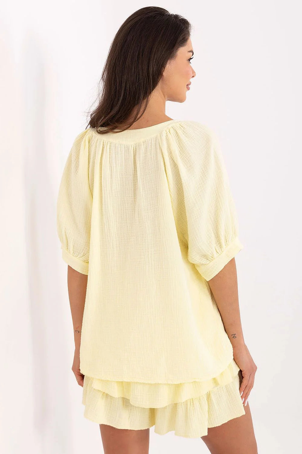Ensemble Och Bella - Chemise et Jupe Volants en Mousseline de Coton Jaune Pastel Femme Été Décontracté