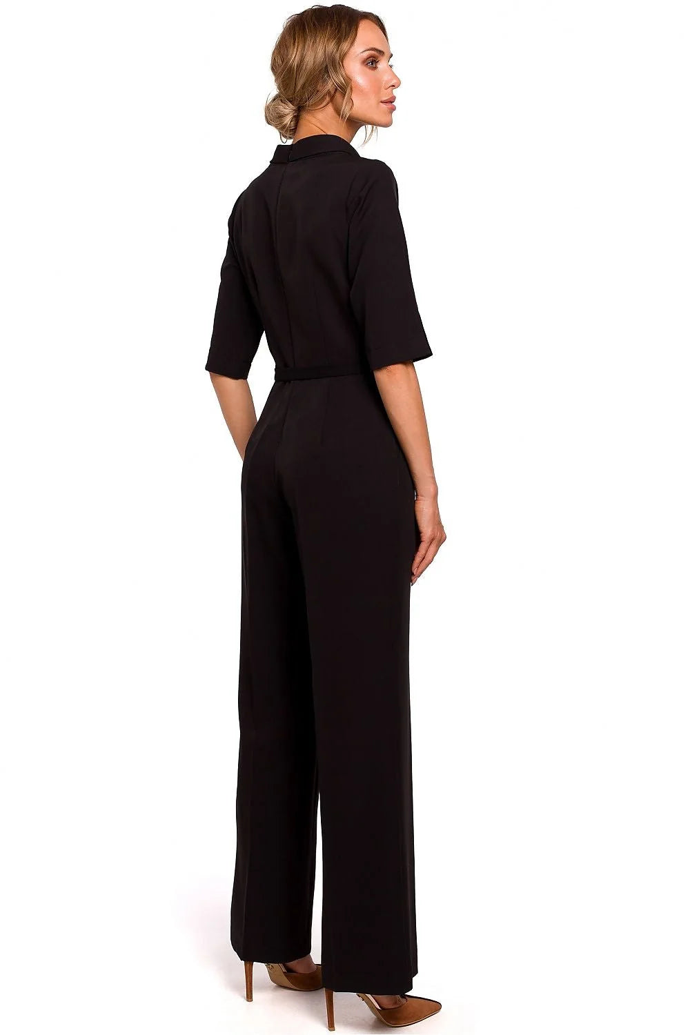 combinaison noire élégante moderne coupe droite jambes larges taille marquée ceinture manches trois quarts poches latérales polyester stretch