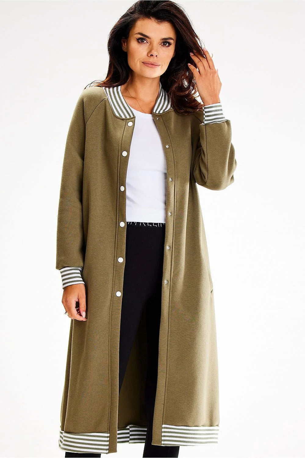 Manteau long pour femme en kaki rayures blanches et grises style moderne coupe droite confortable polyester coton occasion mi-saison