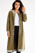 Manteau long pour femme en kaki rayures blanches et grises style moderne coupe droite confortable polyester coton occasion mi-saison