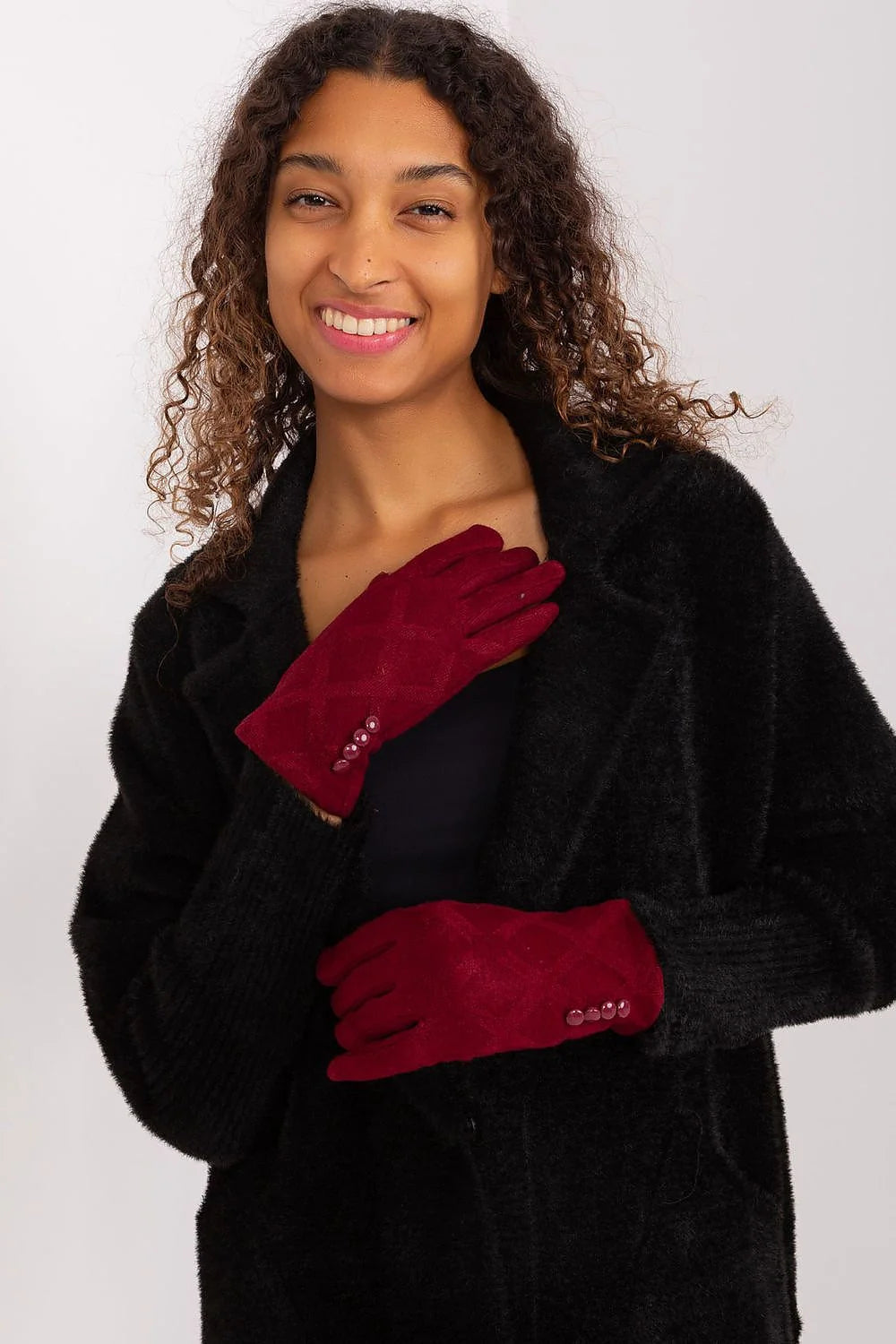 Gants élégants pour femme en suédine motif losange rouge bordeaux manches longues boutons décoratifs coton élasthanne polyester mode hiver