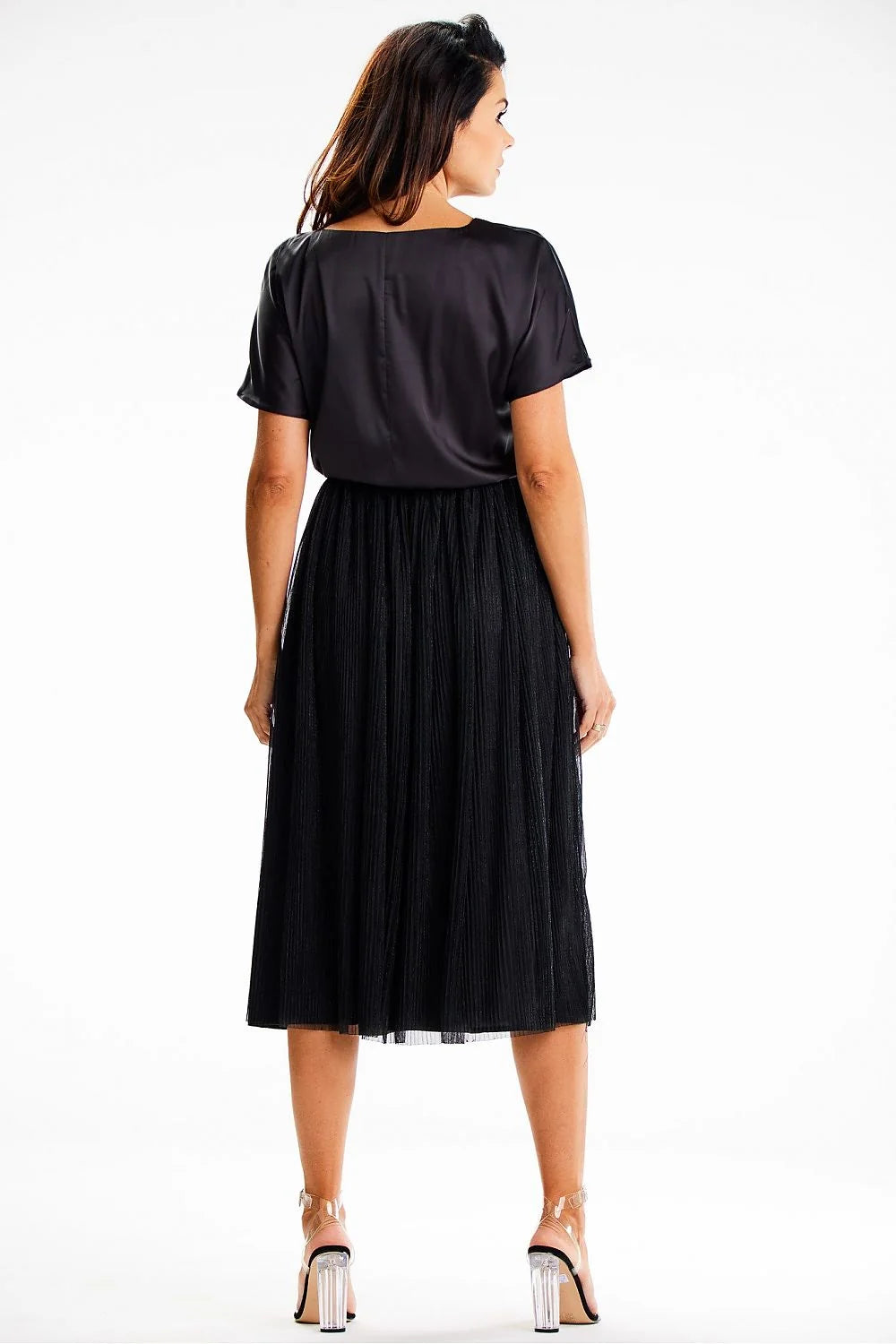 Robe de soirée élégante longueur midi manches courtes coupe kimono taille élastiquée femme