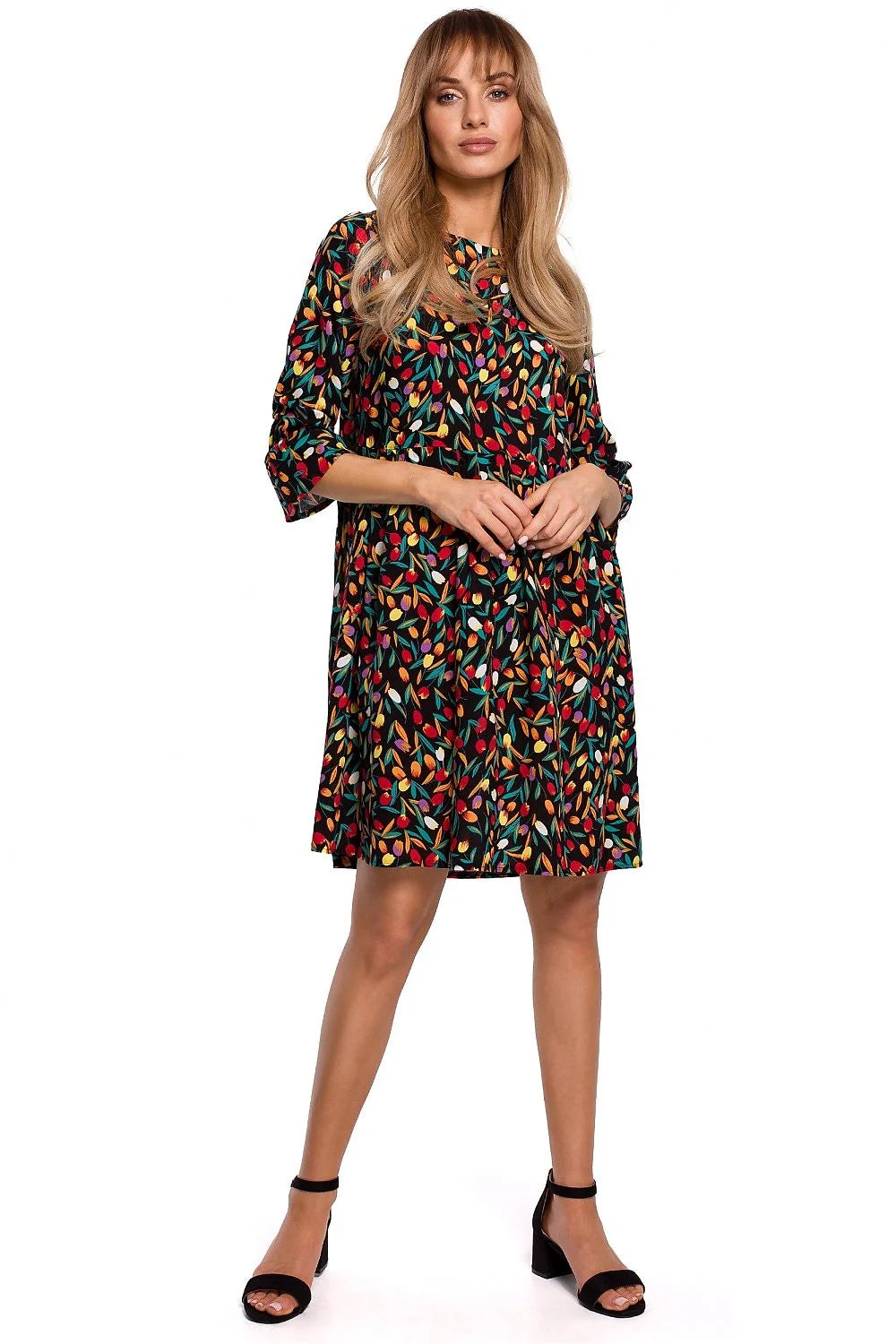 robe évasée viscose fluide imprimé floral noir délicat blanc rose vert manches troisquarts fronces col rond taille empire courte légère