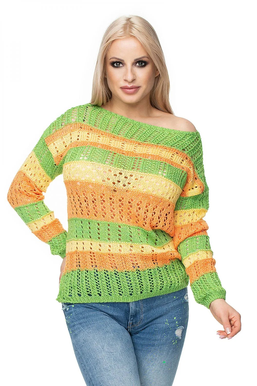 Pullover féminin maille ajourée rayures colorées orange rose jaune manches longues col rond coupe ample maille respirante vêtement mode été printemps