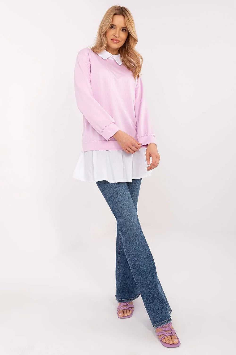 Chemisier Italy Moda féminin en viscose coton élasthanne style casual chic rose pastel blanc col chemise longues manches