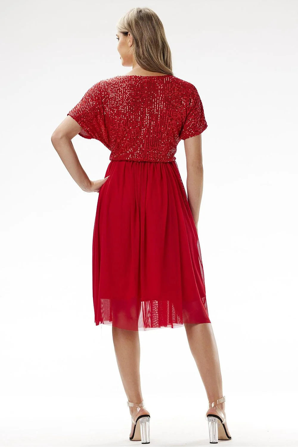 Robe de soirée élégante en sequins et tulle couleur rouge taille ajustable pour femme occasion spéciale
