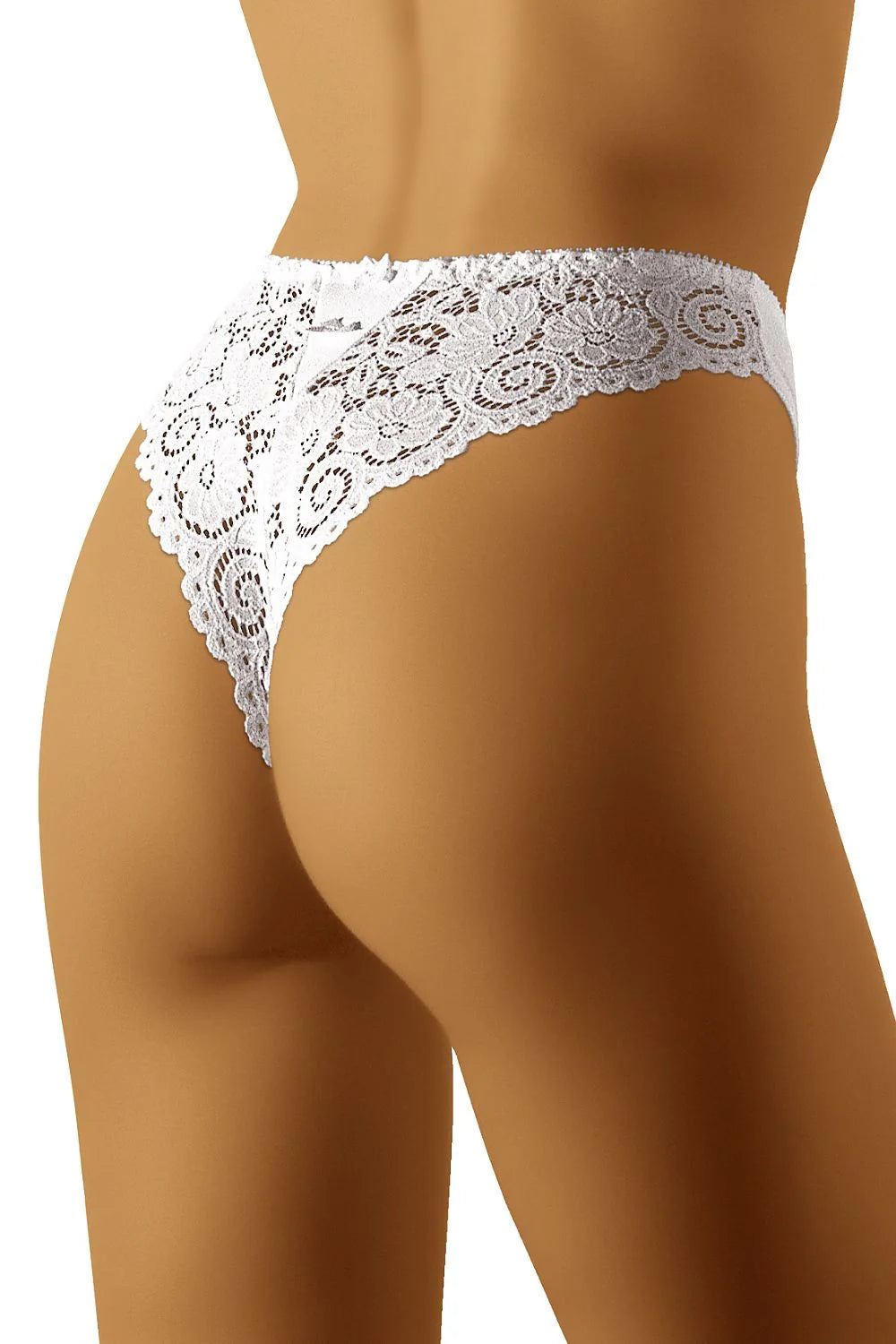 Tanga féminin sexy en dentelle blanche avec motifs floraux et arabesques classiques, taille ajustable, elasthanne et polyamide, lingerie romantique et sophistiquée pour femmes