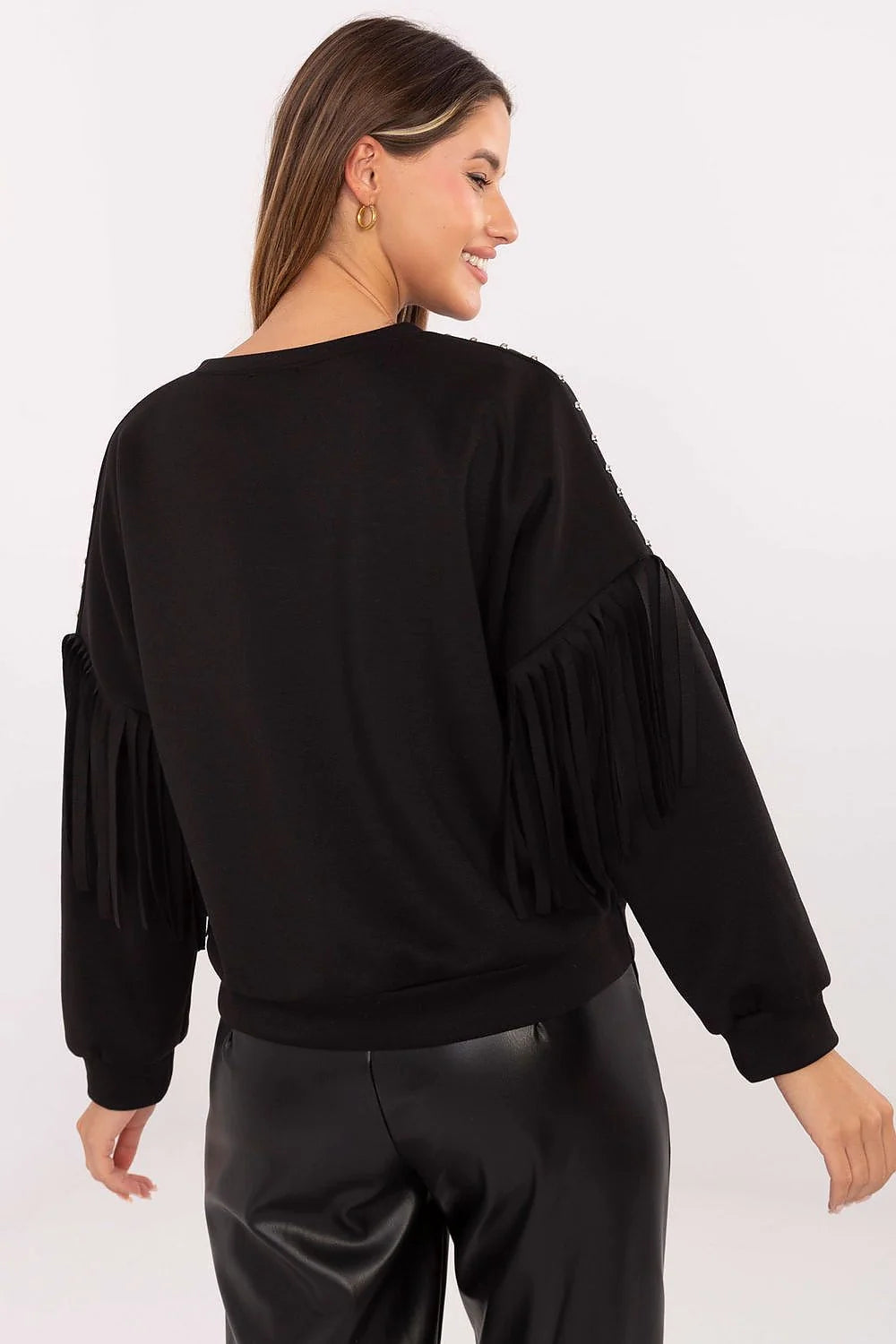 sweatshirt femme noir col rond molleton viscose polyester coupe droite ample bords côtes poignets manches longues franges clous argentés