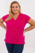 T-shirt femme grande taille style casual chemisier Relevance coupe ample matériau confortable couleur rose vif détails cœurs brillants manches courtes encolure V
