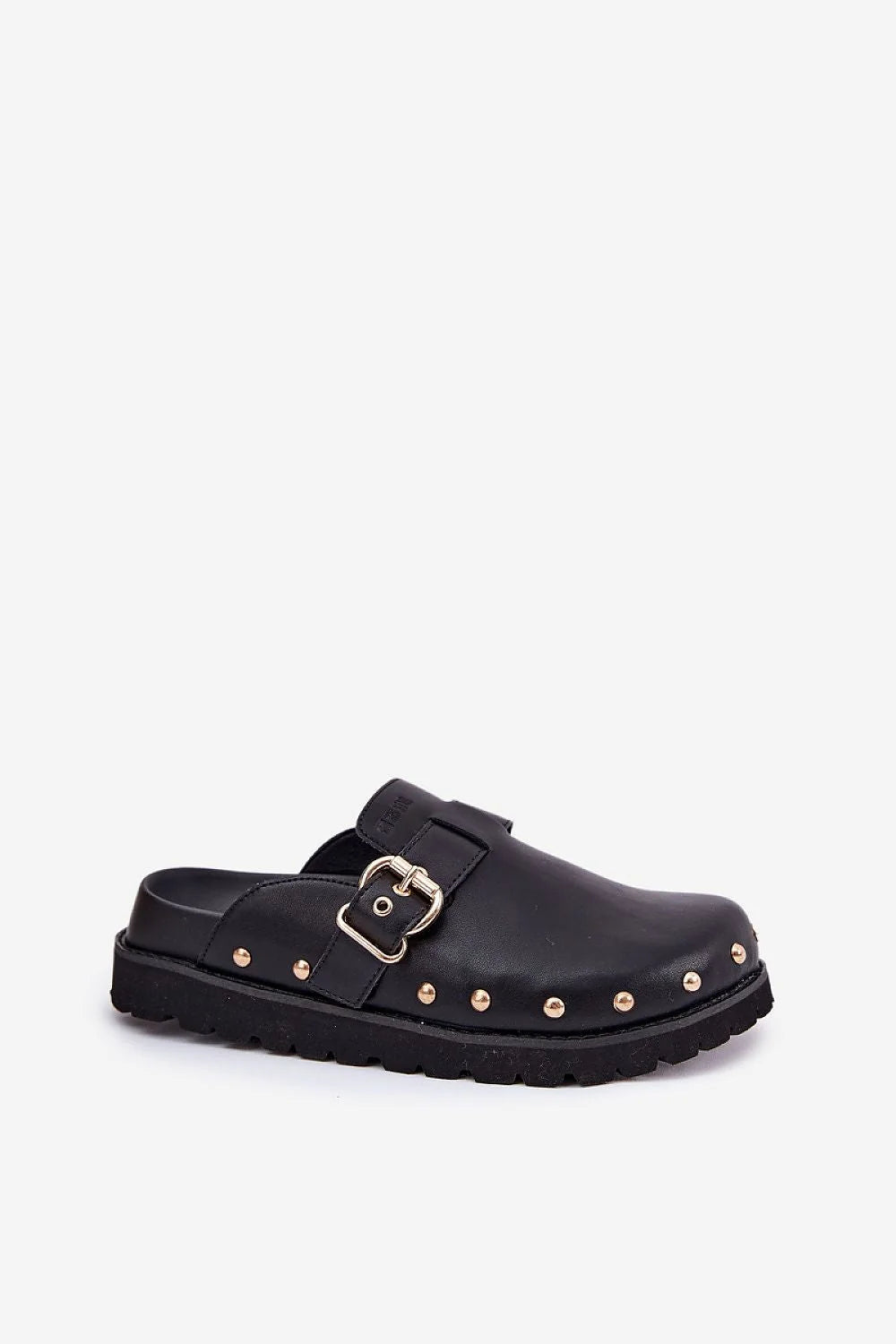 Sabots femmes style moderne élégance sabot à clous dorés boucle métallique cuir noir semelle caoutchouc femme été
