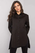 Chemise longue femme en coton élasthanne noire élégante décontractée manches longues col classique ample