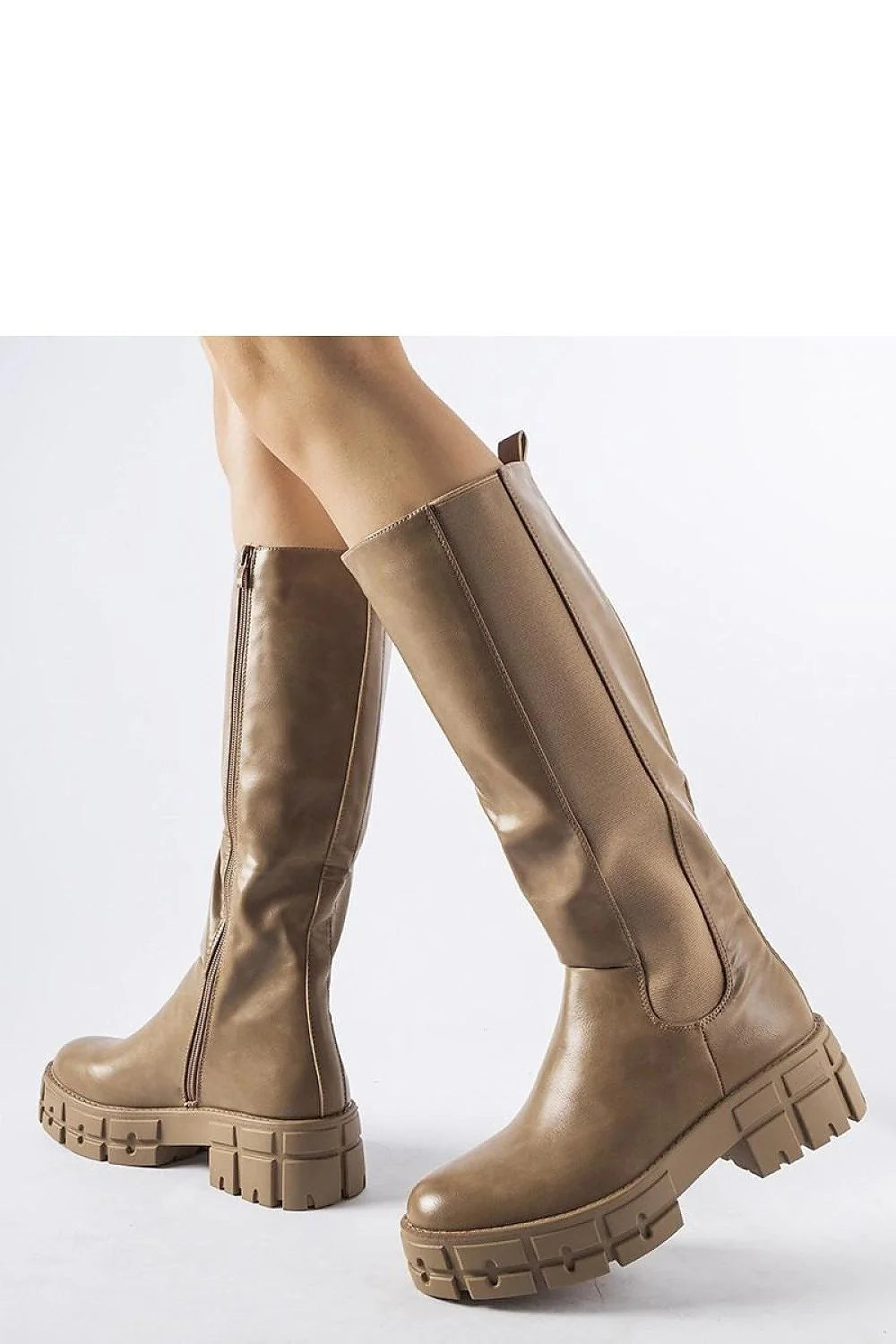 Bottes montantes simili cuir taupe modernes confortables avec semelle plateforme crantée pour l'hiver