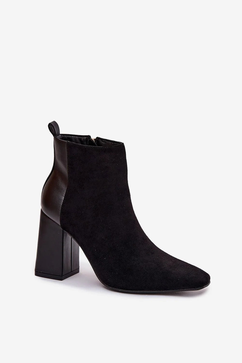 bottines femme suède cuir écologique noir talon bloc haut pointu cheville fermetureéclair doré bride mousse doublure confortable élégantes