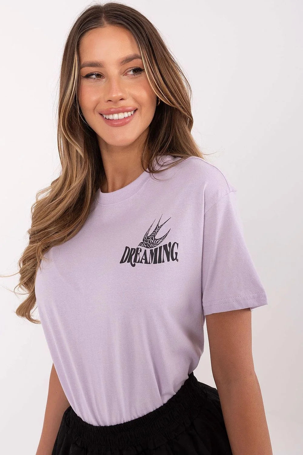 T-shirt femme décontracté couleur lilas imprimé graphique coton doux manches courtes col rond coupe classique
