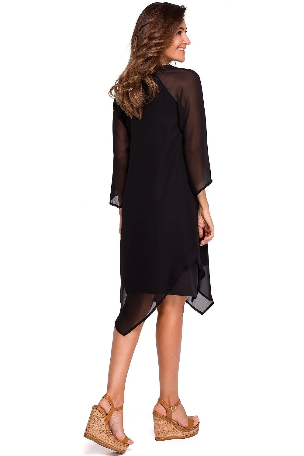 Robe de cocktail Stylove pour femme, bleu marine, coupe asymétrique, manches 3/4, tissu léger, style moderne, soirée élégante, occasion polyvalente, taille ajustable, vêtement mode, bohème chic, robe longue, accessoires complémentaires