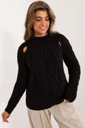 Pull féminin longueur standard manches longues col rond tricoté torsadé laine acrylique épaules découpées finitions côtelées noir profond
