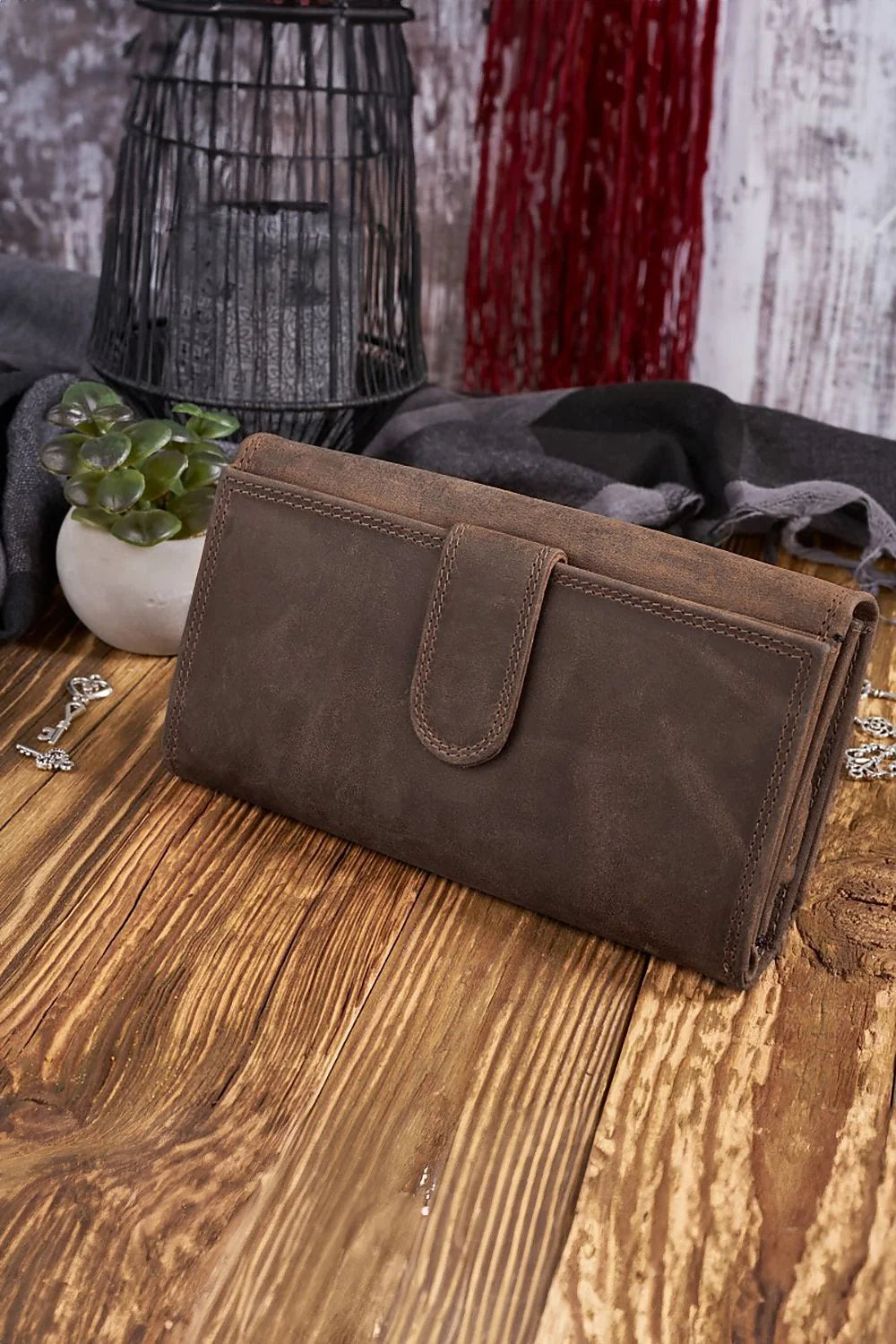 Portefeuille femme Galanter T-05-BR cuir brun style vintage floral embossé RFID sécurisé compartiments multiples