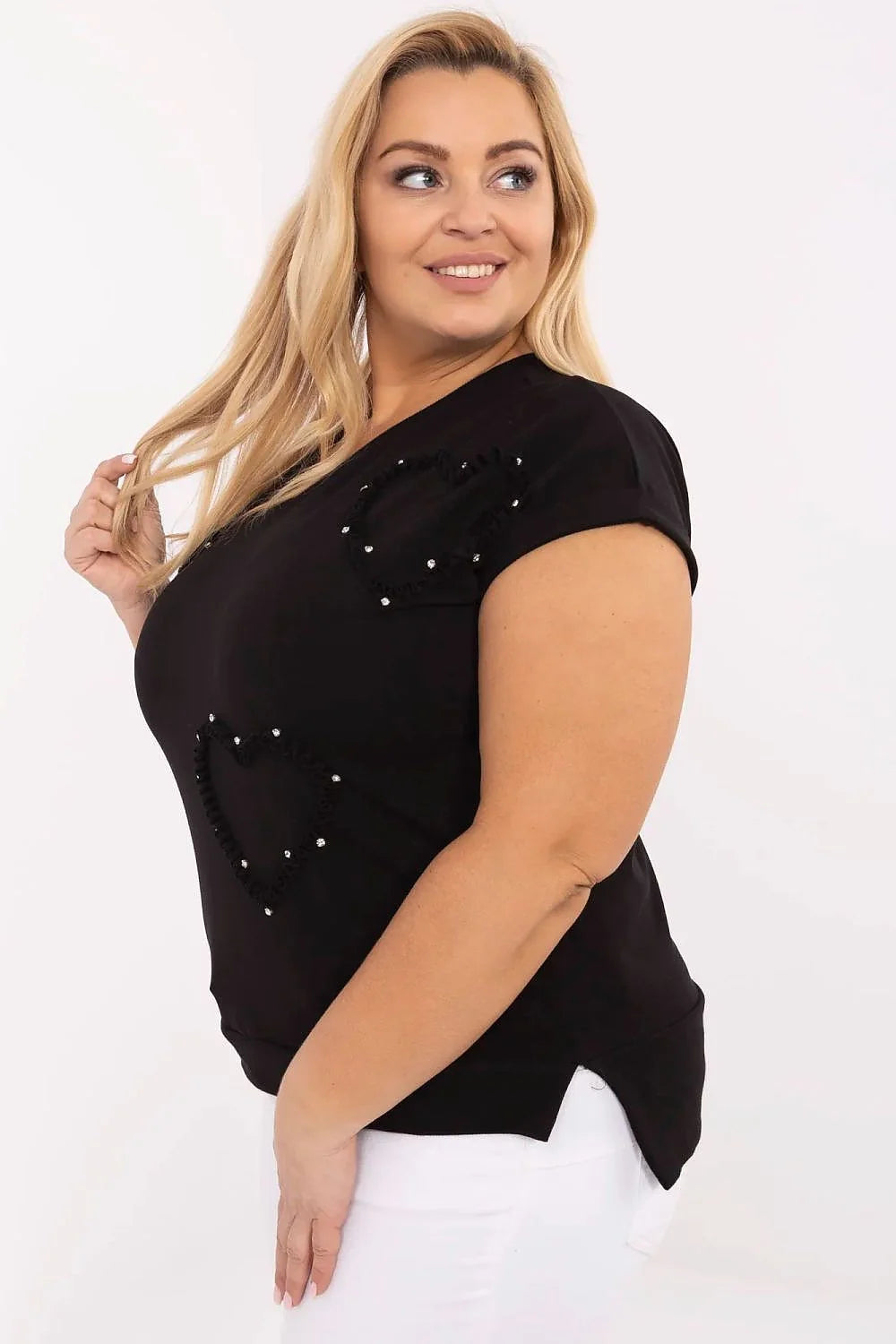 chemisier femme grande taille coton élasthanne stretch encolure V manches courtes coeur zircons perles scintillants noir élégant confortable classique polyvalent