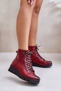 Bottes en cuir rouge style combat femmes lacing métallique fermeture éclair plateforme talon compensé automne hiver