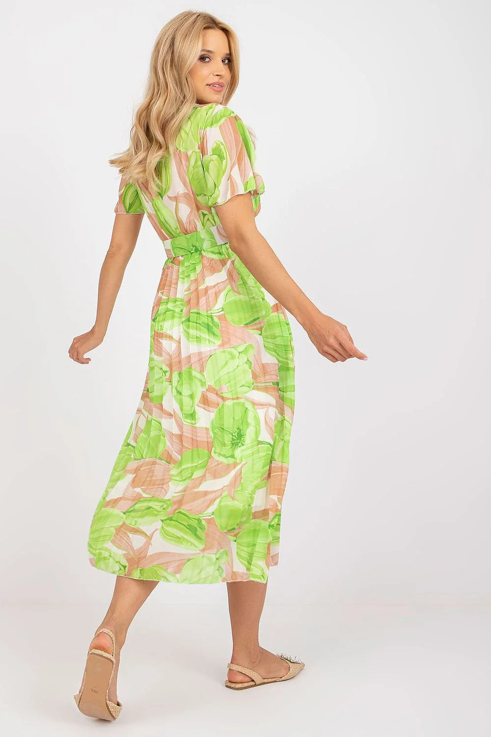Robe été imprimé floral manches courtes ceinture longue femmes orange vert blanc Italy Moda