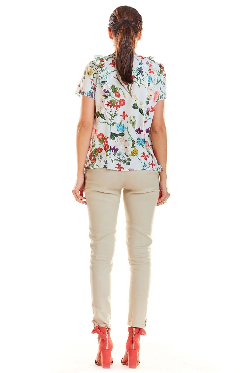 Blouse en polyester romantique avec motifs floraux multicolores, volants élégants pour toutes occasions féminines