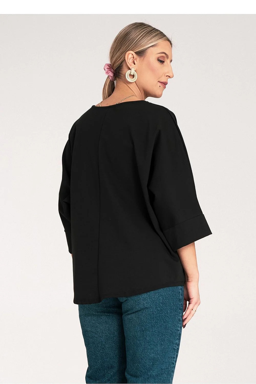Chemisier pour femme élégant décontracté coupe ample manches mi-longues motif floral fleurs blanches noires tissu doux