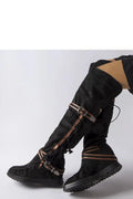 Bottes cothurnes Solea cuir suédé noir franges bandes géométriques boucle métallique talon compensé hiver femme