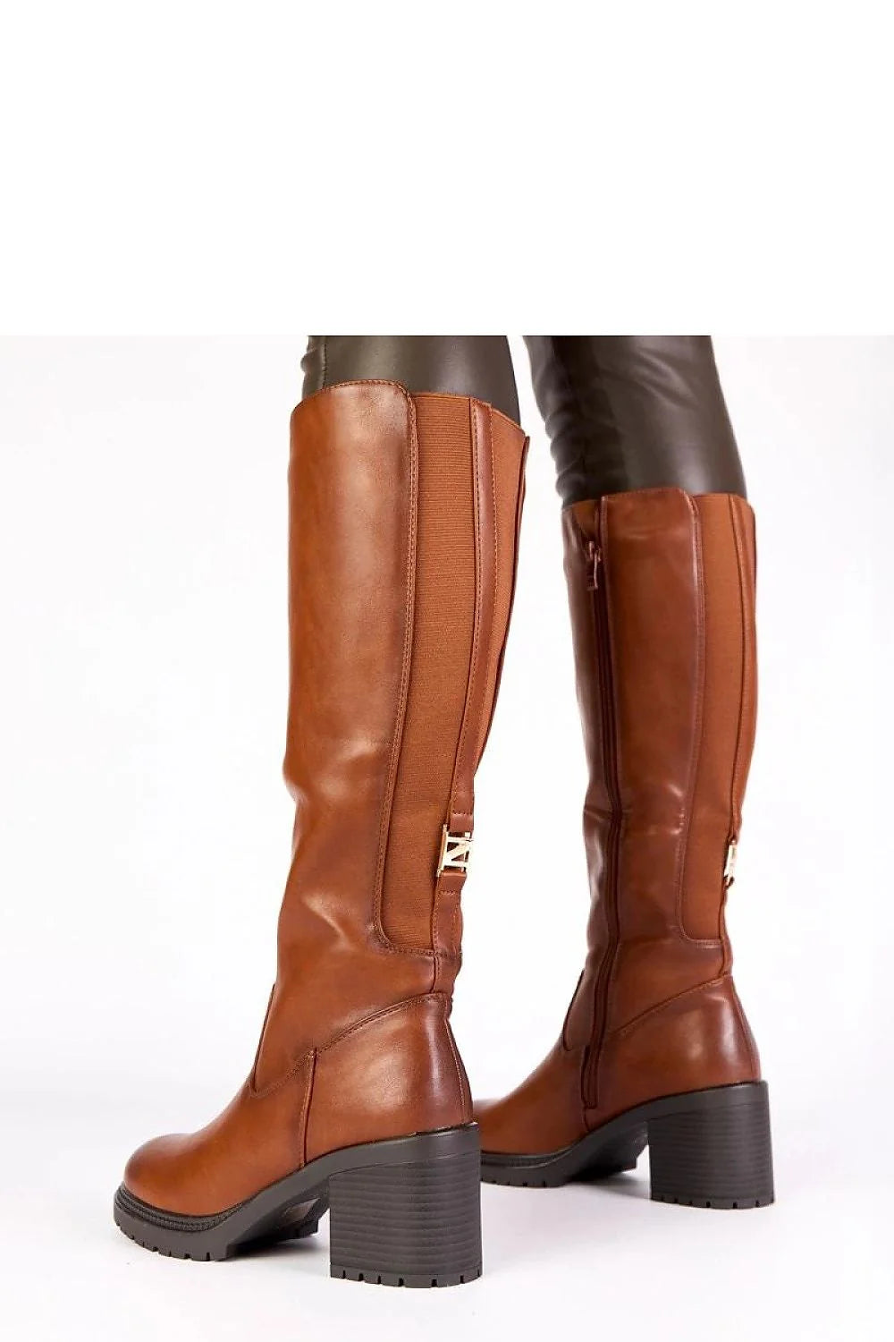 bottes femme genou cognac cuir écologique lisse bout rond talon bloc 7cm tige 35cm doublure chaude semelle crantée zip intérieur
