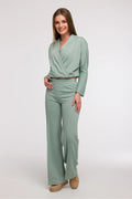 Pantalon survêtement Be Wear femme confortable style élégant vert sauge taille élastique coupe large jambes longues finitions structurées