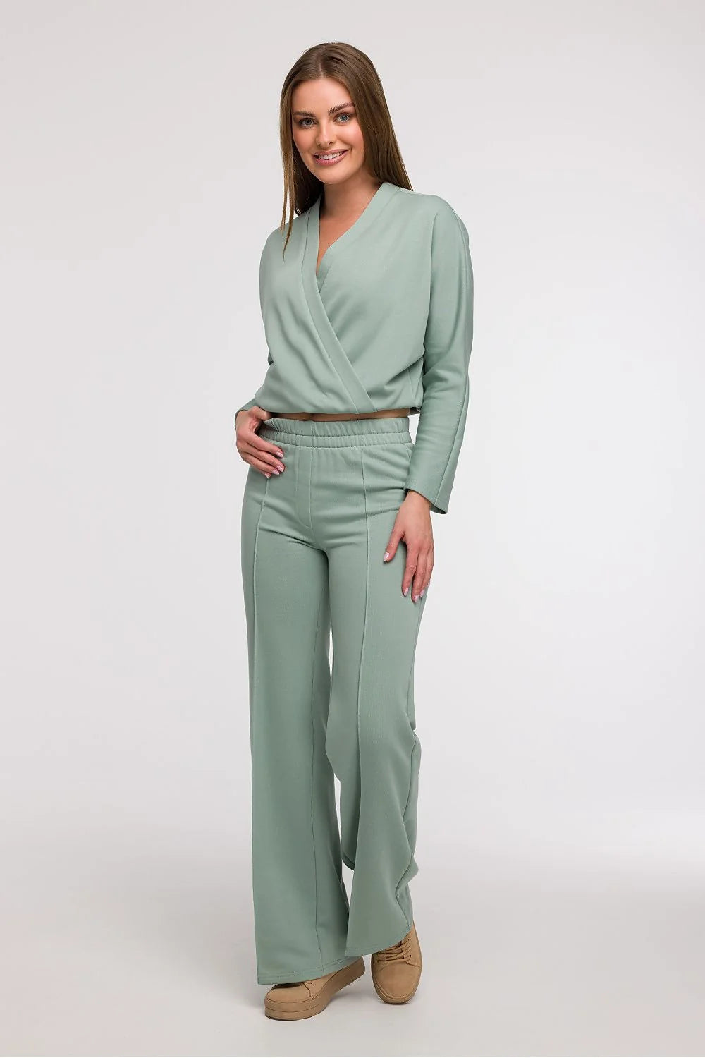 Pantalon survêtement Be Wear femme confortable style élégant vert sauge taille élastique coupe large jambes longues finitions structurées