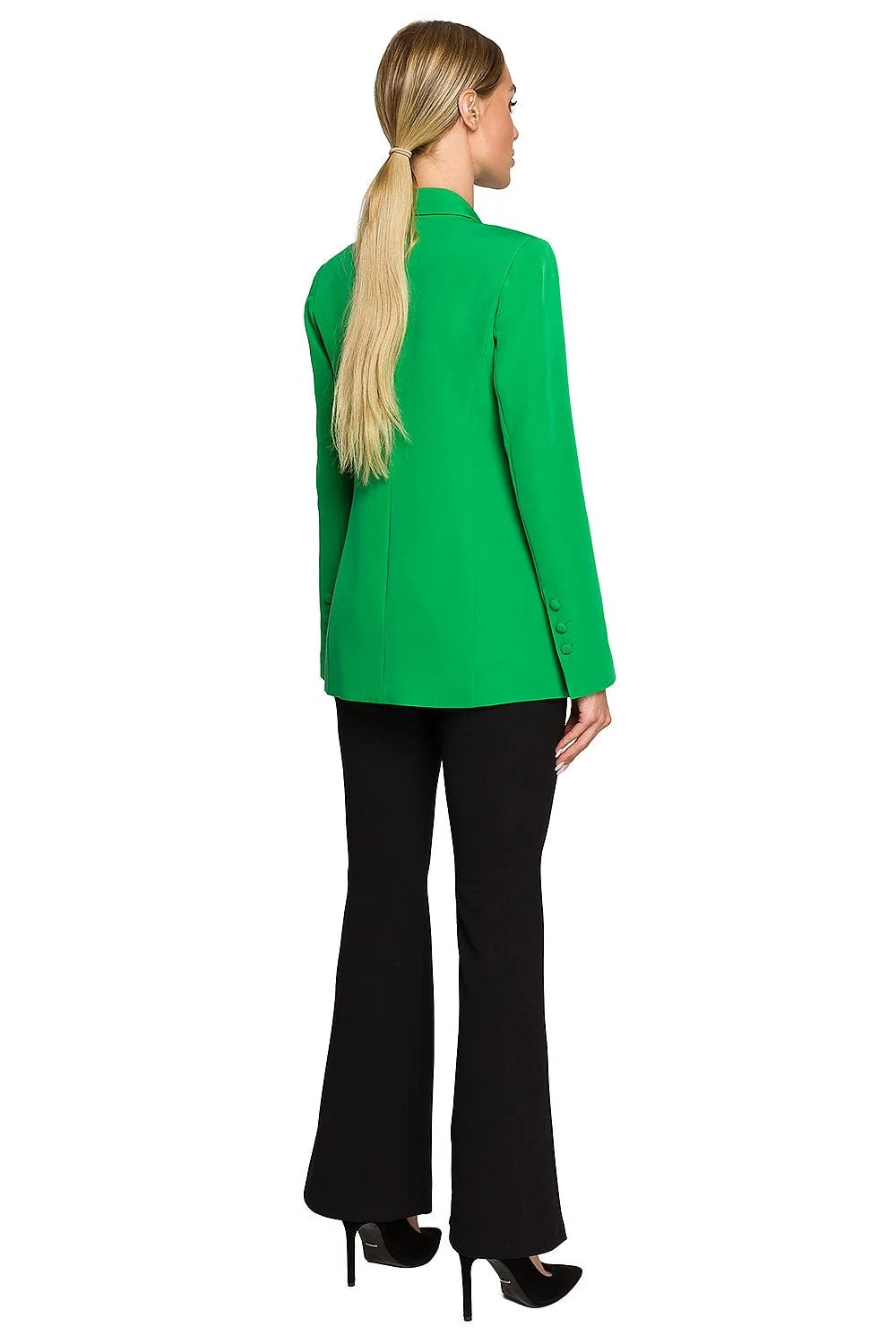 Blazer femme élégant vert éclatant coupe ajustée épaulettes discrètes poches rabat tissu de qualité polyester élasthanne