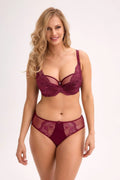 soutien gorge balconnet armatures semi rembourré mousse maintien dentelle tulle bordeaux profond bretelles réglables bijou central culotte mi haute mesh