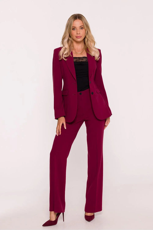blazer femme cintré deux boutons col cranté épaules structurées bordeaux tissu lisse extensible doublé poches rabat manches étroites