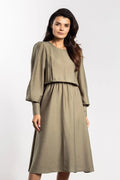 robe mi longue kaki élégante décontractée confortable féminine fluide texturé aspect lin taille élastique blousant jupe évasée manches longues bouffantes