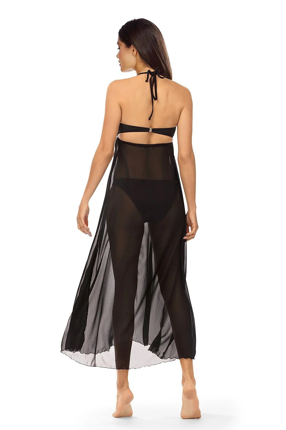 Robe de plage longue élégante pour femme en maille noire fluide avec décolleté en V et fermeture à lacets