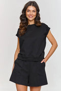 Ensemble Makadamia féminin décontracté et élégant noir coupe droite épaules tombantes manches courtes shorts évasés waist mid-haut femme