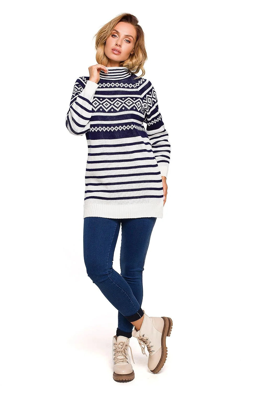 Pull en maille confortable ample motifs géométriques rose blanc col rond hiver pour femmes