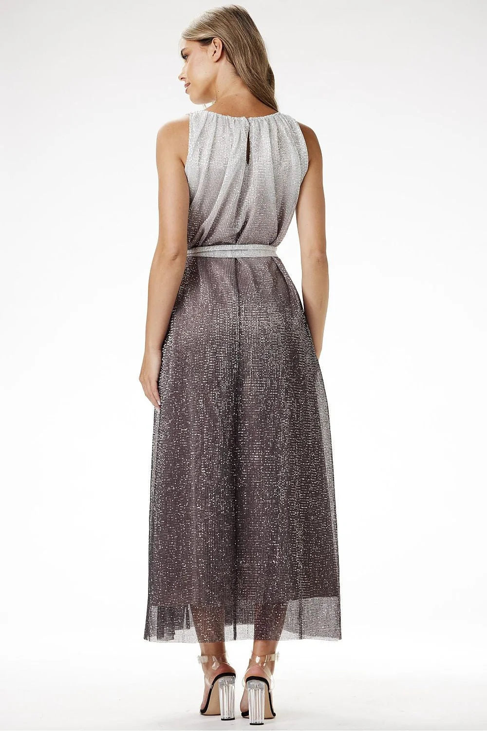 Robe de soirée élégante longue sans manches effet ombre argenté noir tissu synthétique ceinture asymétrique femme occasions spéciales