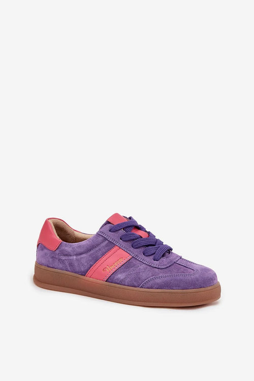 baskets femme basses daim violet suédé empiècements rose lacets bout rond semelle gomme marron col rembourré logo brodé discret
