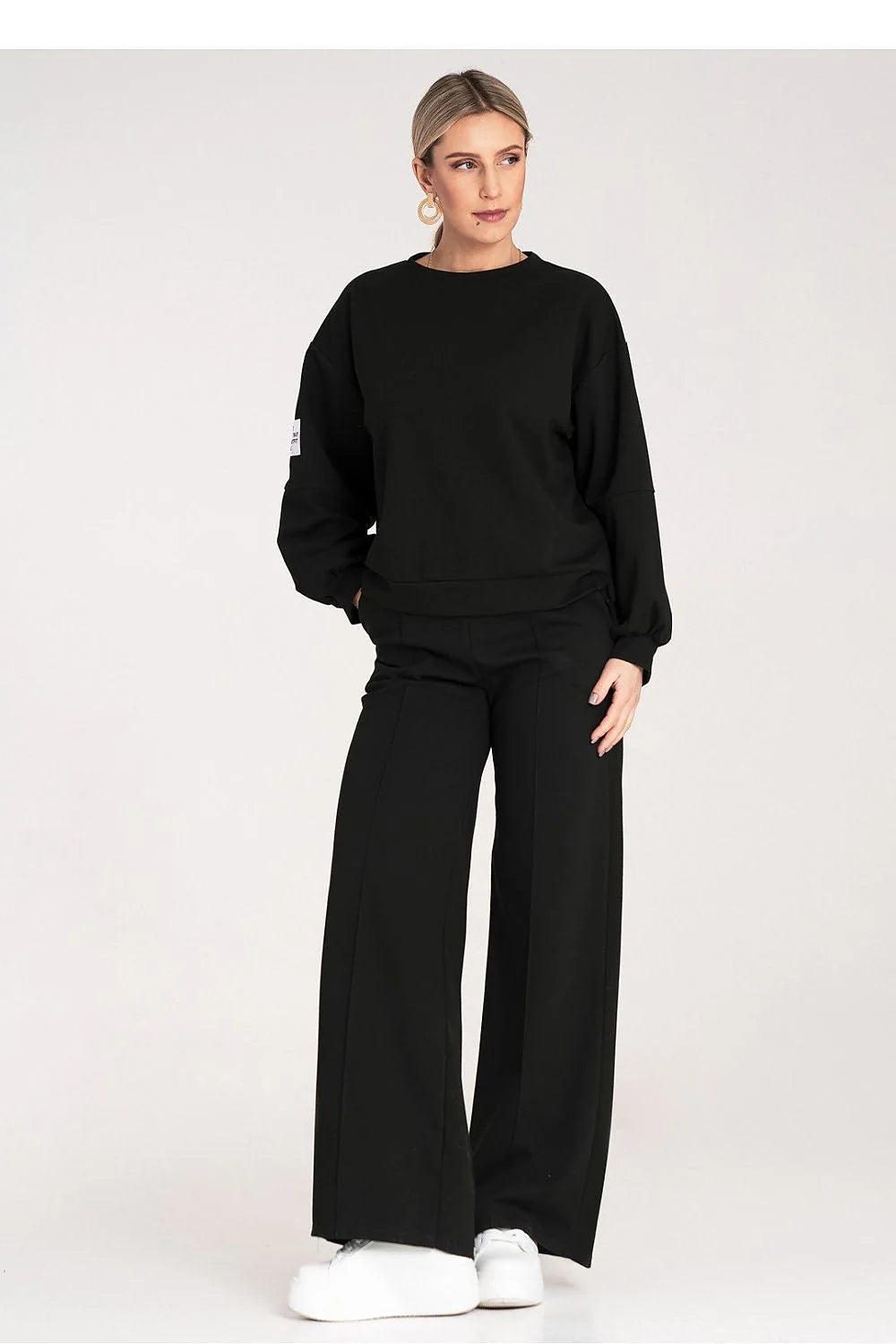 Ensemble Figl noir pour femme, sweatshirt ample manches longues, pantalon large taille élastique, style élégant moderne, vêtement polyvalent
