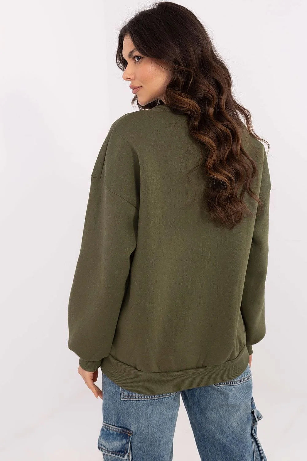 Sweatshirt Harvard femme col rond molleton vert olive manches longues style universitaire