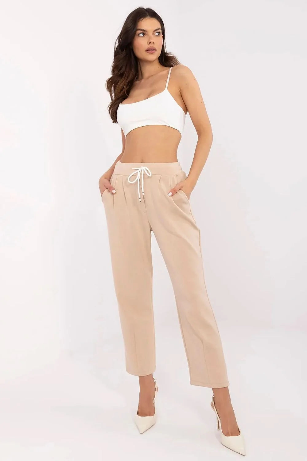 Pantalon survêtement Italy Moda ensemble crop top blanc beige high waist élasthanne polyester coton féminin mode élégant décontracté