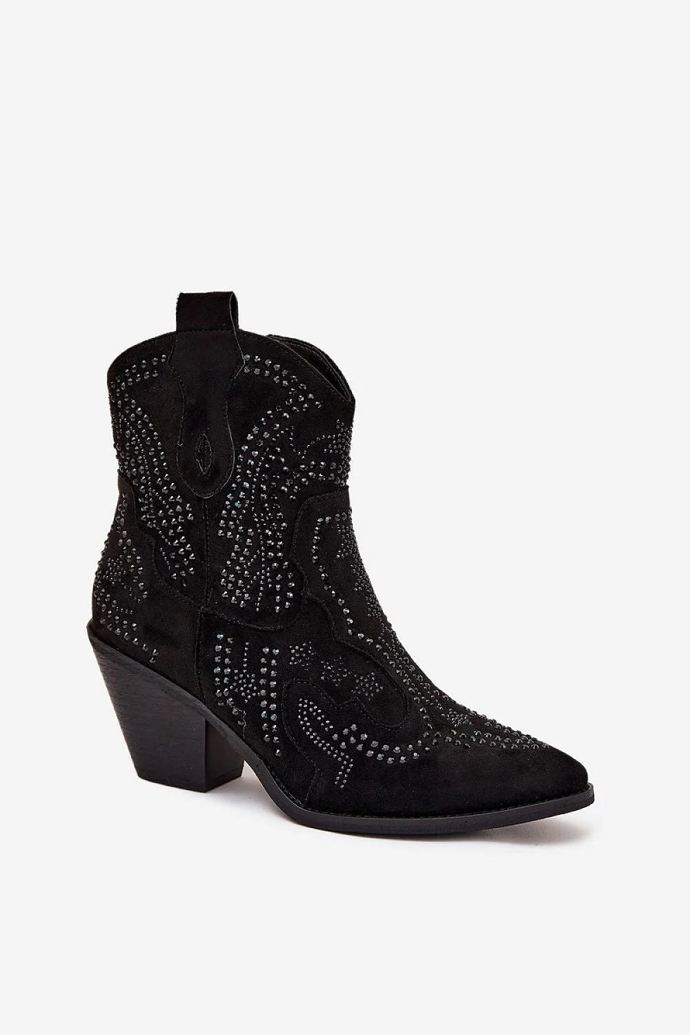 Bottines western suédine écologique noires talon bloc moyen bout amande fermeture éclair latérale strass clous doublure fausse fourrure confortable bohème